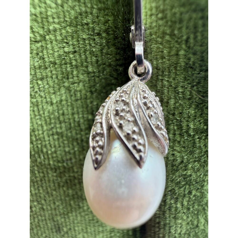 teardrop pearl drop earrings sterling silver 925 small diamonds - Picture 2 of 4